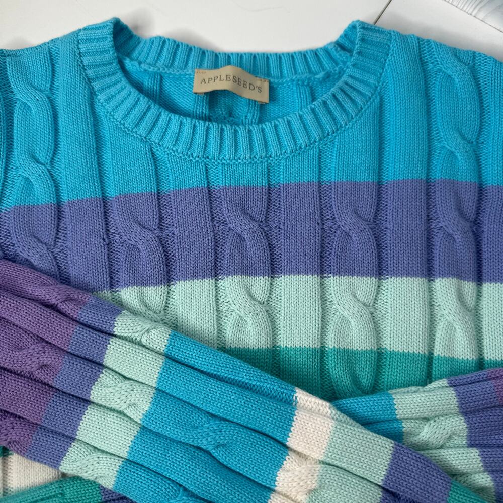 Appleseed's Cable Knit Sweater Striped Pastel  Rainbow Cotton Size Medium NWOT